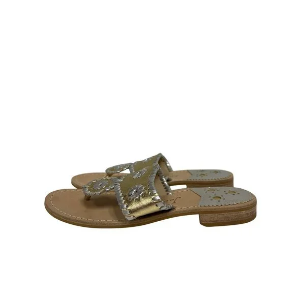 NEW Jack Rogers Women's Sandal Flat Block Heel Silver Gold Size 6 Leather Navajo - Picture 4 of 7